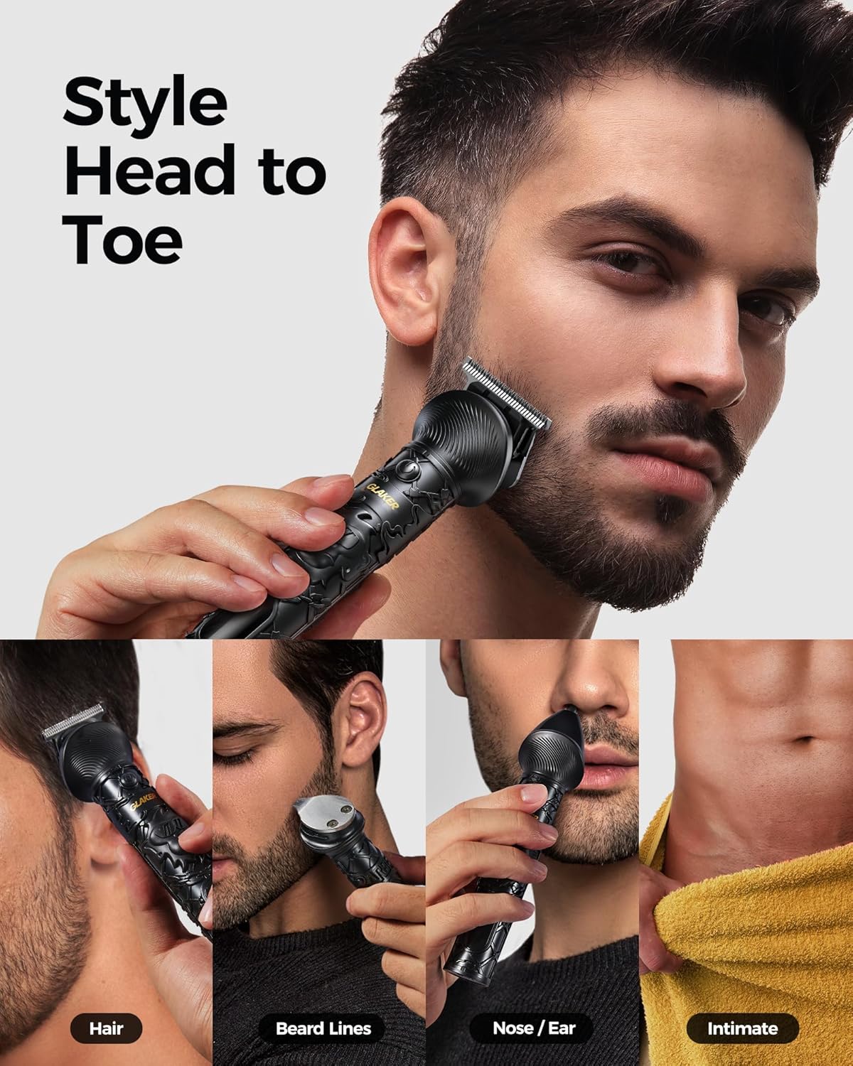 GLAKER Hair Clippers and 6-in-1 Beard Trimmer for Men, Professional Cordless Hair Trimmer Barber Clippers for Haircut, Fade, Beard, Nose & Body Grooming, USB-C Rechargeable (Black)