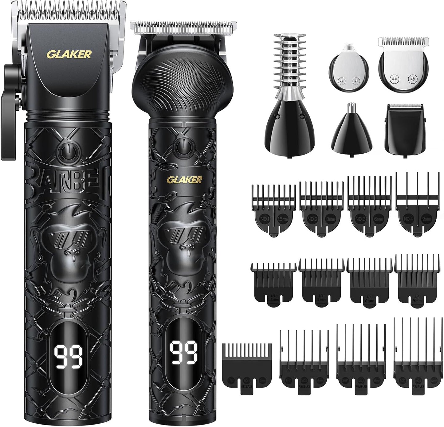 GLAKER Hair Clippers and 6-in-1 Beard Trimmer for Men, Professional Cordless Hair Trimmer Barber Clippers for Haircut, Fade, Beard, Nose & Body Grooming, USB-C Rechargeable (Black)