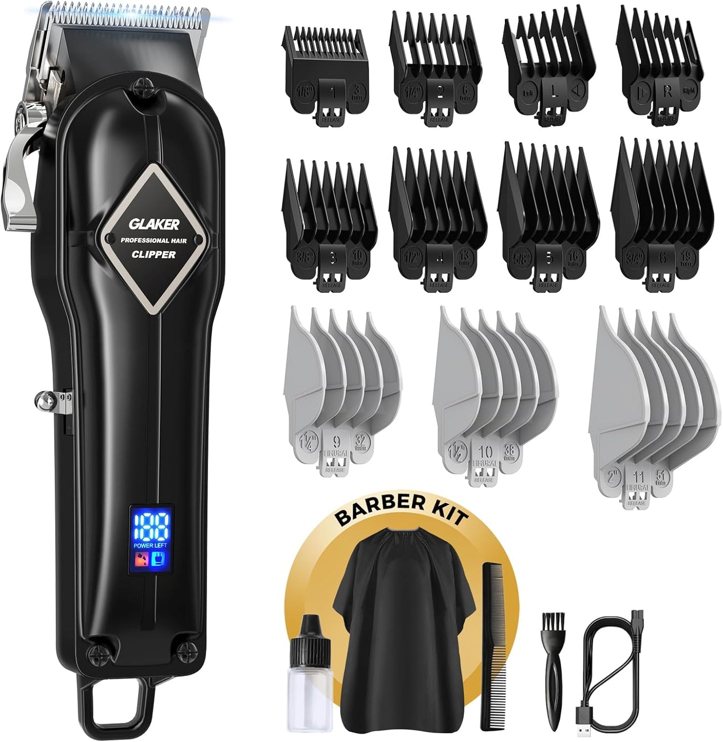 GLAKER Hair Clippers for Men - Cordless Professional Barber Clipper Hair Cutting Kit with 11 Guide Combs for Haircut, Trimming & Grooming (Black)